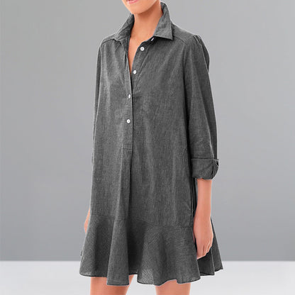 Women's Solid Color Long-Sleeve Lapel Shirt with Ruffled Hem