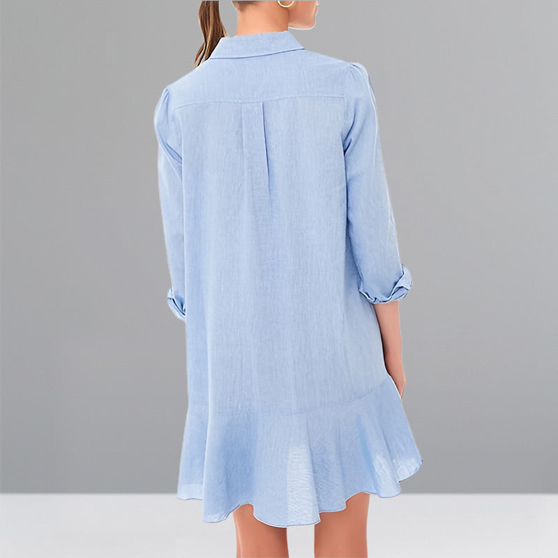 Women's Solid Color Long-Sleeve Lapel Shirt with Ruffled Hem