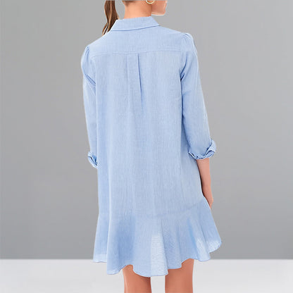 Women's Solid Color Long-Sleeve Lapel Shirt with Ruffled Hem