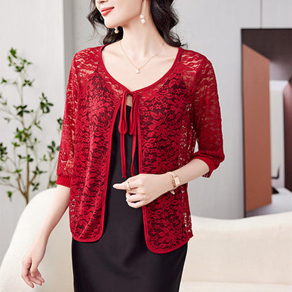 Tie Front Lace Bolero with 3/4 Sleeves