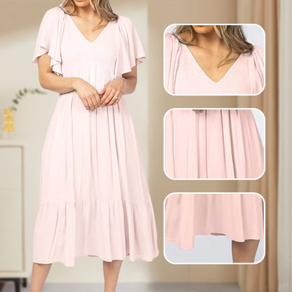 Fashion Casual Ruffle Sleeve V-Neck Pleated Dress