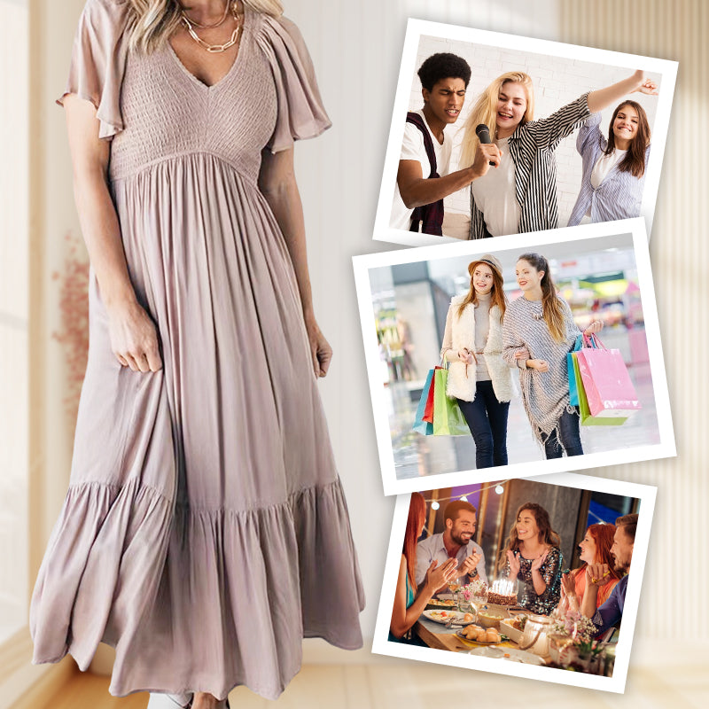 Fashion Casual Ruffle Sleeve V-Neck Pleated Dress