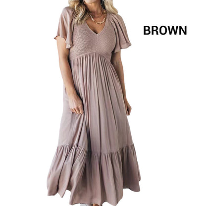 Fashion Casual Ruffle Sleeve V-Neck Pleated Dress