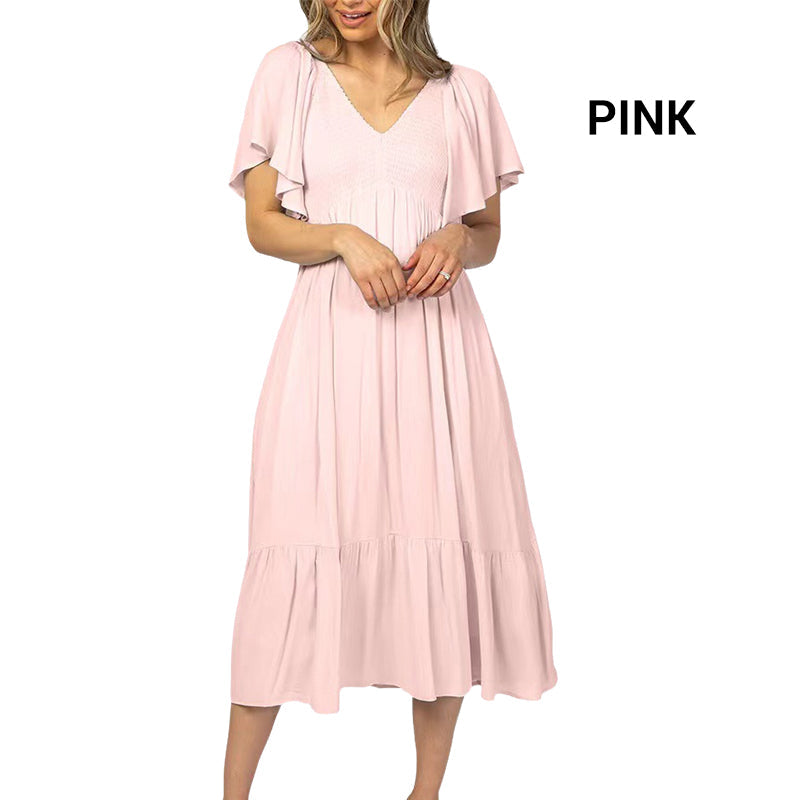 Fashion Casual Ruffle Sleeve V-Neck Pleated Dress