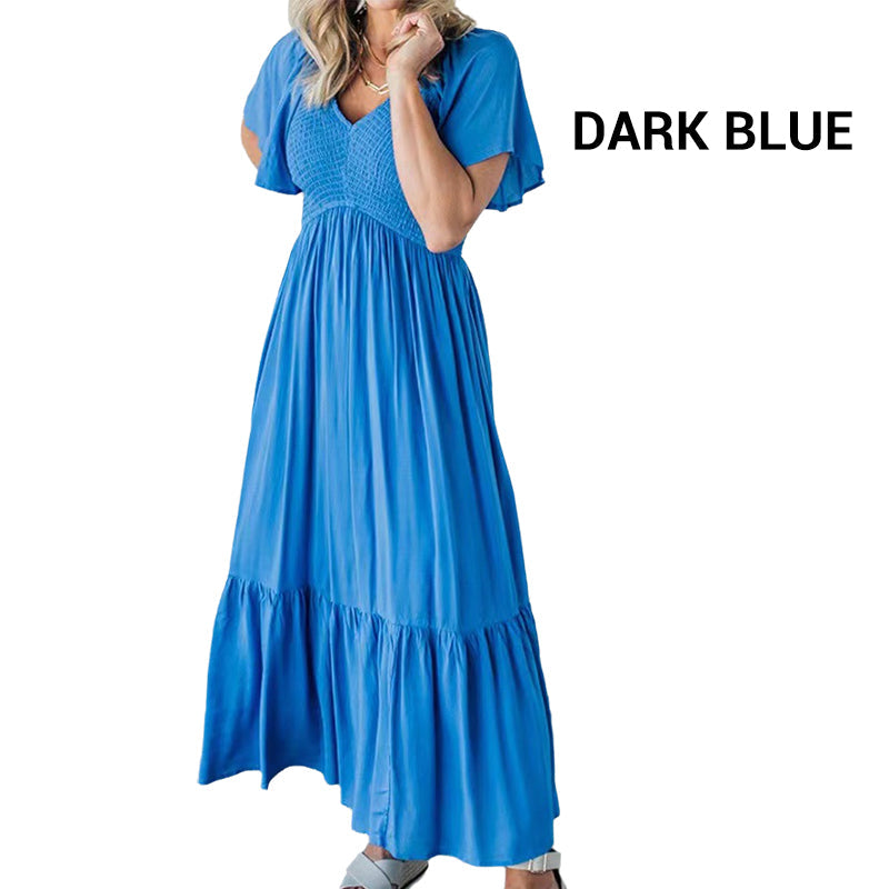 Fashion Casual Ruffle Sleeve V-Neck Pleated Dress