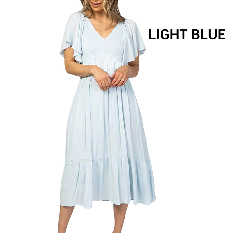 Fashion Casual Ruffle Sleeve V-Neck Pleated Dress