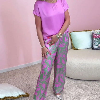 free shipping📦Top & Printed Wide-Leg Pants 2-Piece Set