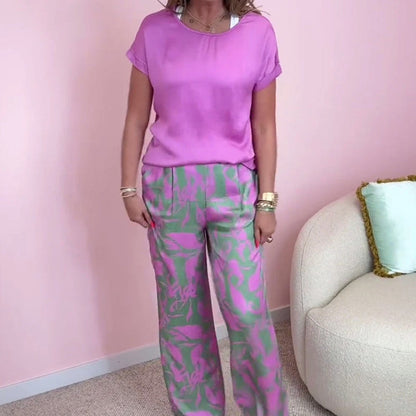 free shipping📦Top & Printed Wide-Leg Pants 2-Piece Set