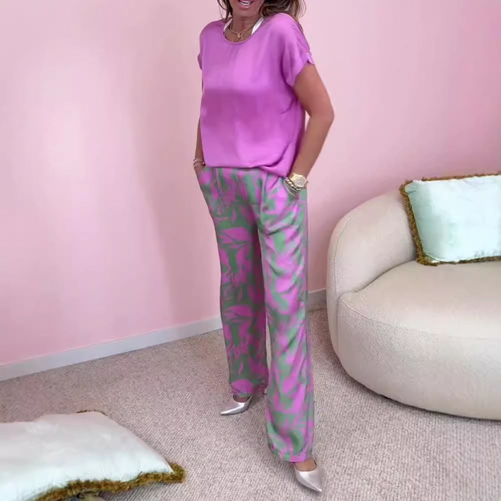 free shipping📦Top & Printed Wide-Leg Pants 2-Piece Set