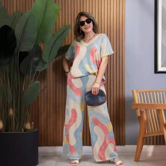 free shipping📦Contrast Color V-Neck Top & Pants Set