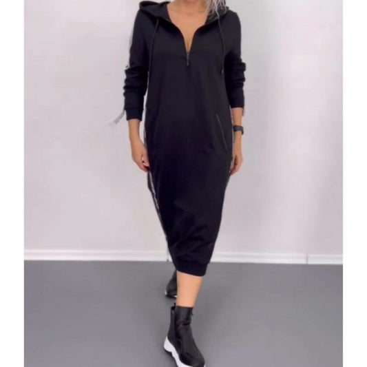 Side slit zip-collar hooded fall dress