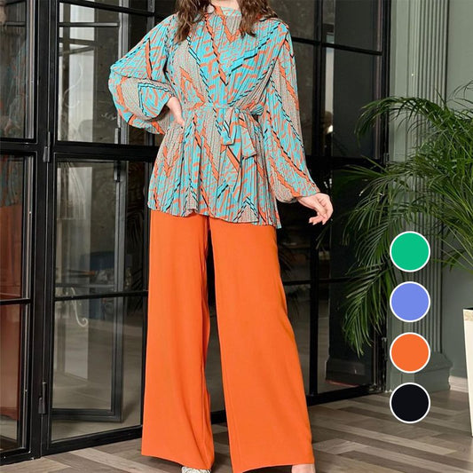 Fashionable Pleated Blouse & Wide-leg Pants 2-piece Set