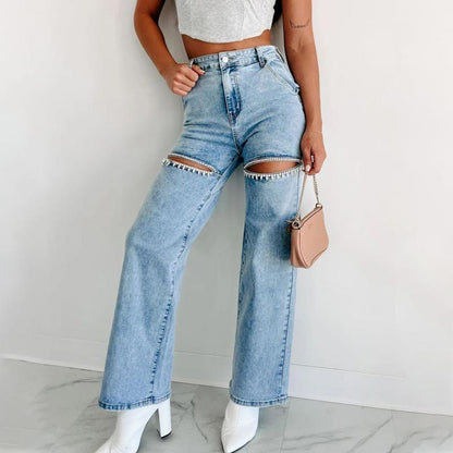 Seasonal Specials🎉Women’s Rhinestone Ripped Straight-leg Jeans