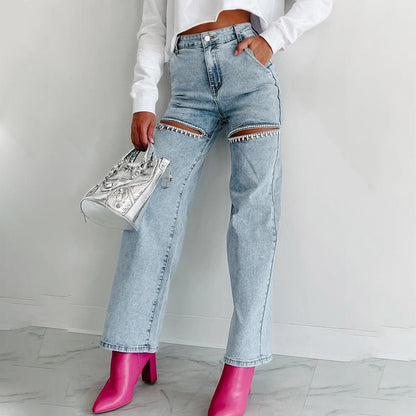 Seasonal Specials🎉Women’s Rhinestone Ripped Straight-leg Jeans