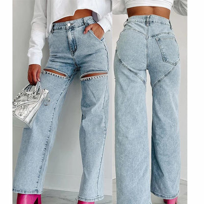 Seasonal Specials🎉Women’s Rhinestone Ripped Straight-leg Jeans