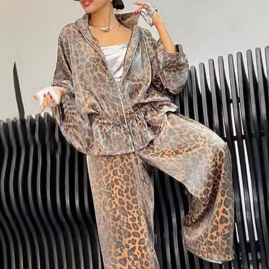 🎅Early Xmas Sales🎄Women's Lapel Mid Sleeve Leopard Print(2-Piece Suit)