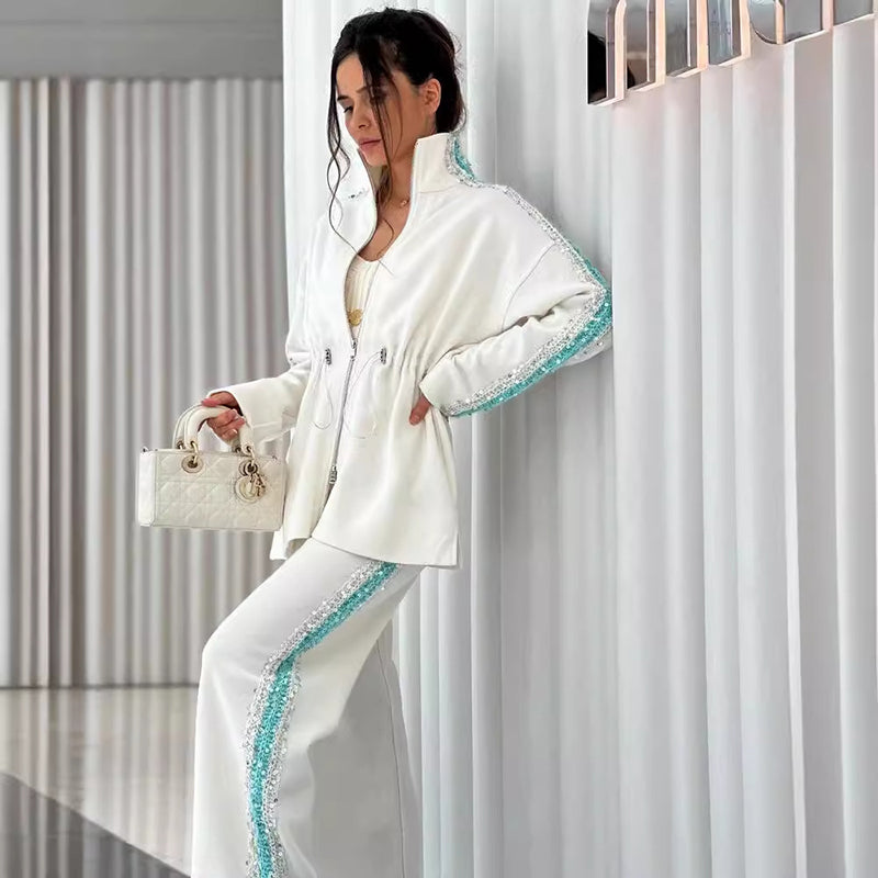 🌸Spring Specials🌸 Women's Elegant Sequin-Trimmed Top and Wide-Leg Pants (2-piece set)