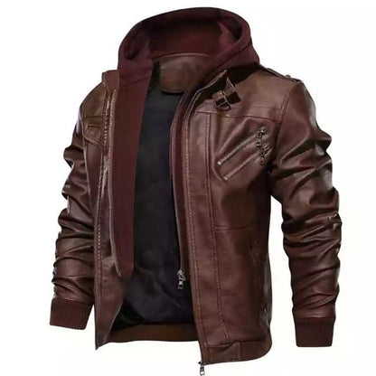 ❄️Winter Specials❄️ Men's Zipper PU Leather Hooded Jacket