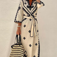 🌸seasonal sale🌸 Women's Ethnic Geometric Print V-Neck Boho Dress with Belt