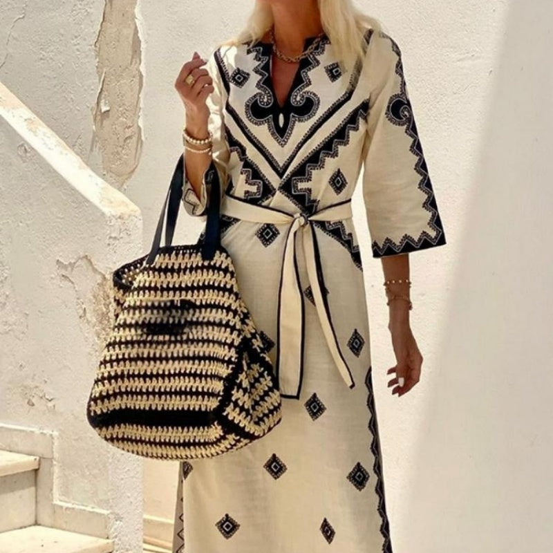 🌸seasonal sale🌸 Women's Ethnic Geometric Print V-Neck Boho Dress with Belt