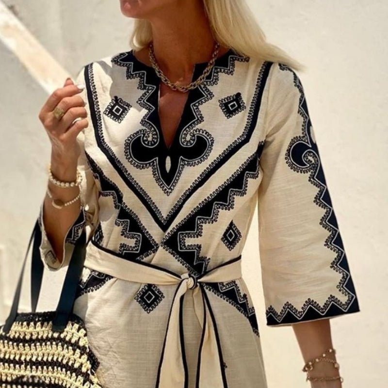 🌸seasonal sale🌸 Women's Ethnic Geometric Print V-Neck Boho Dress with Belt