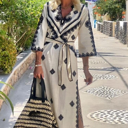 🌸seasonal sale🌸 Women's Ethnic Geometric Print V-Neck Boho Dress with Belt