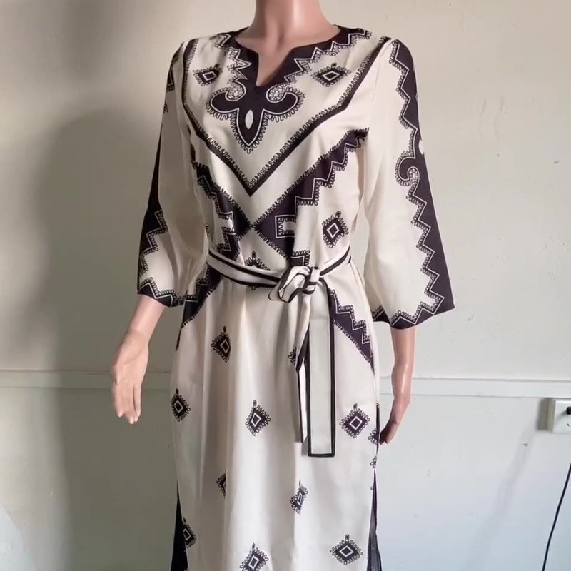 🌸seasonal sale🌸 Women's Ethnic Geometric Print V-Neck Boho Dress with Belt
