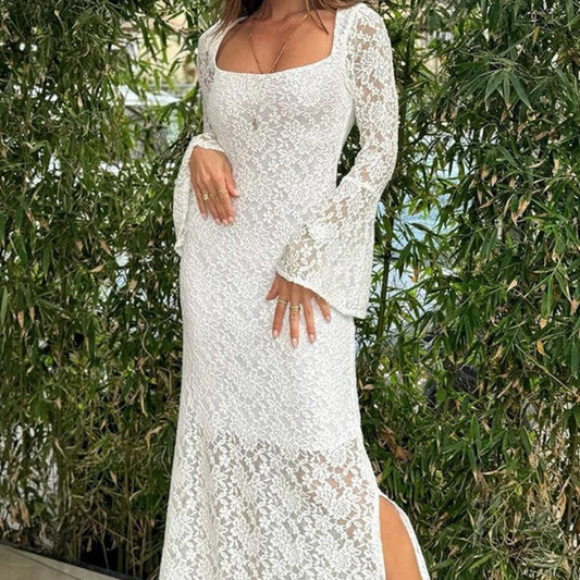 🌸Spring Specials💐 Lace Flared Sleeves Split Hem Waisted Dress