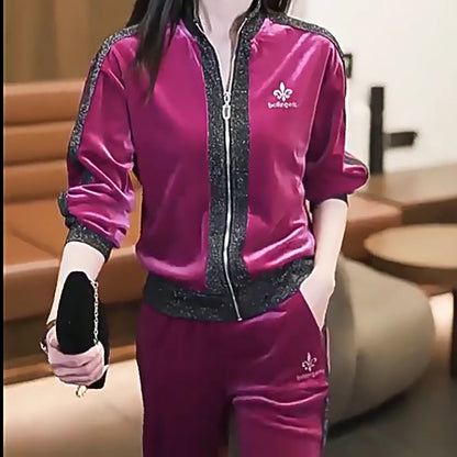 🔥HOT SALE🔥 Women's Velvet-Like Contrast Color 2-Piece Tracksuit