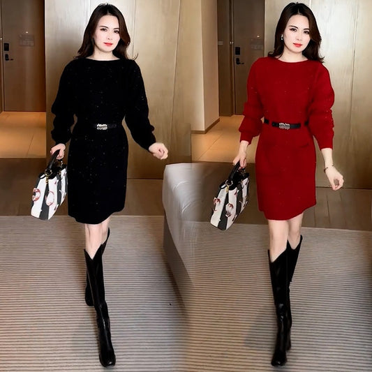 🔥2025 HOT SALE🔥 Round Neck Long Sleeve Sweater Dress