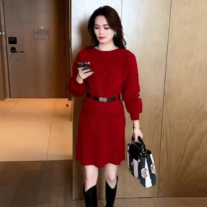 🔥2025 HOT SALE🔥 Round Neck Long Sleeve Sweater Dress