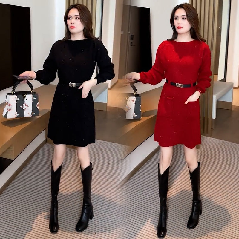 🔥2025 HOT SALE🔥 Round Neck Long Sleeve Sweater Dress