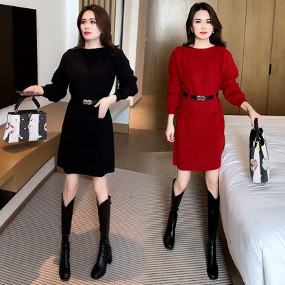 🔥2025 HOT SALE🔥 Round Neck Long Sleeve Sweater Dress