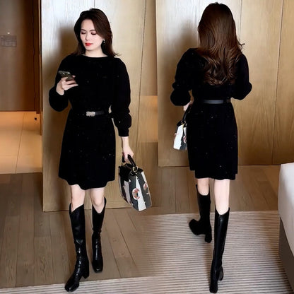 🔥2025 HOT SALE🔥 Round Neck Long Sleeve Sweater Dress
