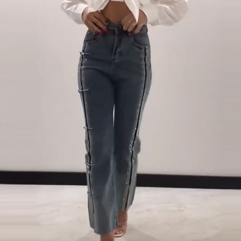 🔥2025 HOT SALE👖Women's Jeans With Shiny Rhinestones And Chic Slit✨