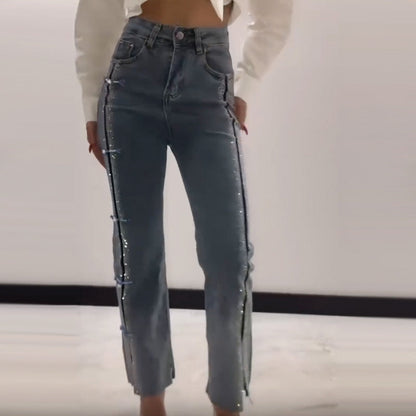 🔥2025 HOT SALE👖Women's Jeans With Shiny Rhinestones And Chic Slit✨