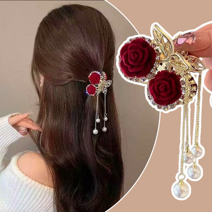 🔥2025 HOT SALE🔥 Elegant Velvet Rose Hair Clip with Pearls