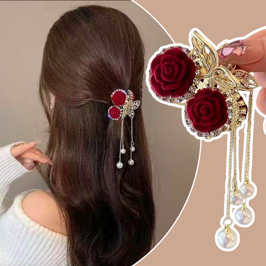 🔥2025 HOT SALE🔥 Elegant Velvet Rose Hair Clip with Pearls