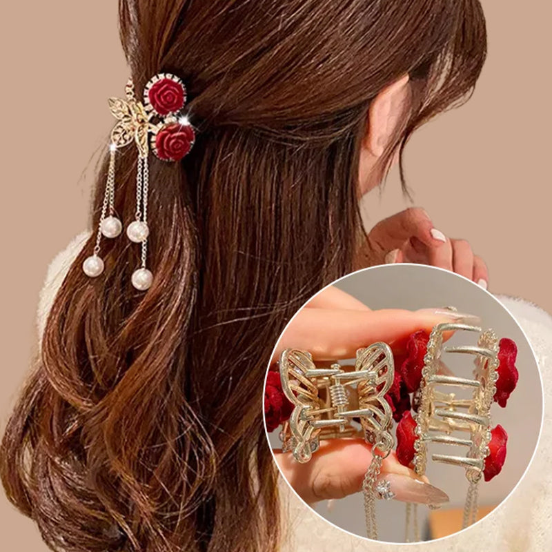 🔥2025 HOT SALE🔥 Elegant Velvet Rose Hair Clip with Pearls