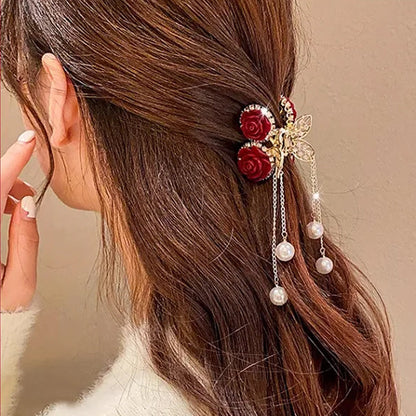 🔥2025 HOT SALE🔥 Elegant Velvet Rose Hair Clip with Pearls