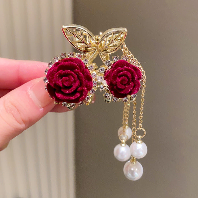 🔥2025 HOT SALE🔥 Elegant Velvet Rose Hair Clip with Pearls
