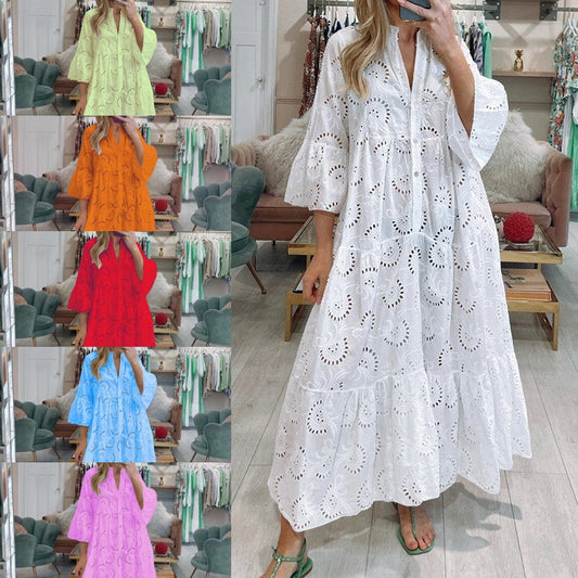 🌸Spring Specials💐 Women’s Elegant V Neck Eyelet Flowy Long Dress