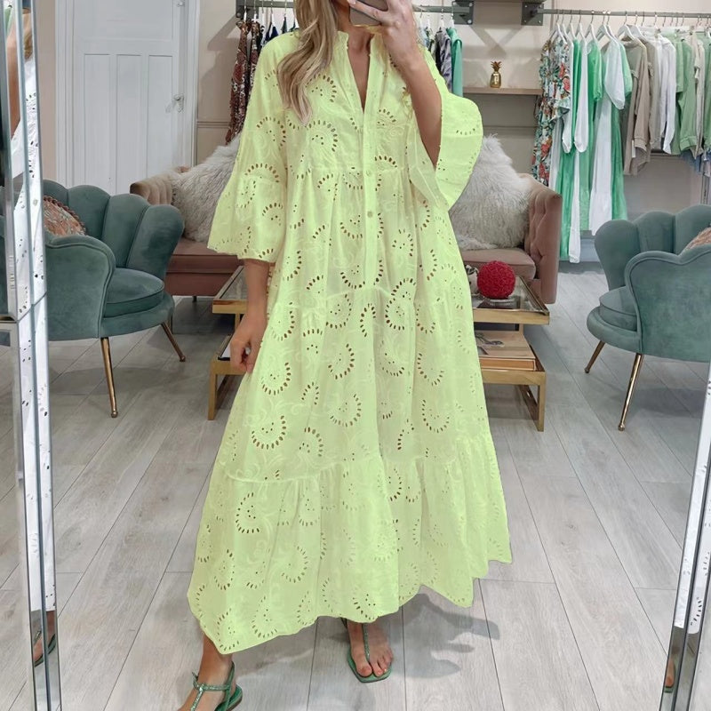 🌸Spring Specials💐 Women’s Elegant V Neck Eyelet Flowy Long Dress