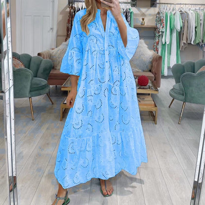 🌸Spring Specials💐 Women’s Elegant V Neck Eyelet Flowy Long Dress