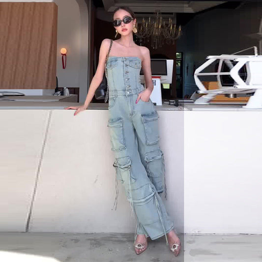 🔥2025 HOT SALE🔥 Women's Retro Denim Strapless Cargo Jumpsuit