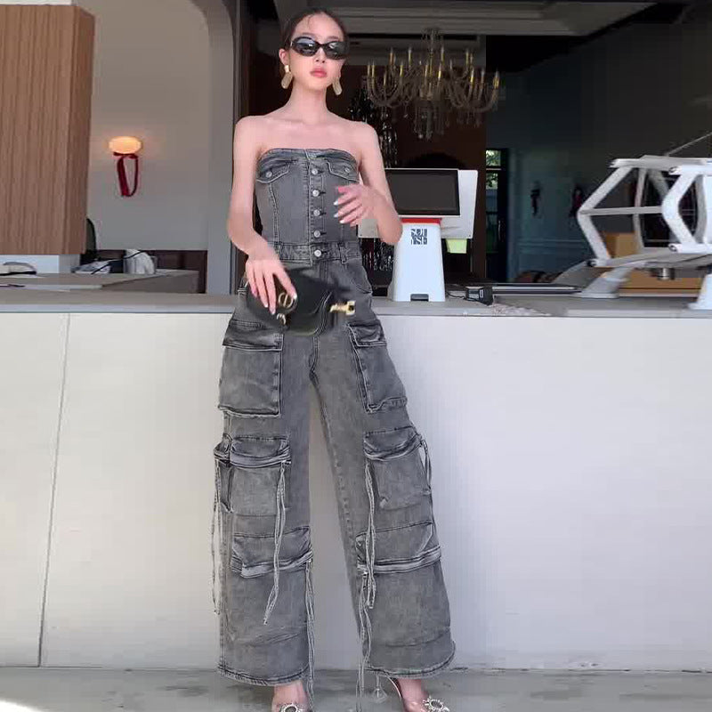 🔥2025 HOT SALE🔥 Women's Retro Denim Strapless Cargo Jumpsuit