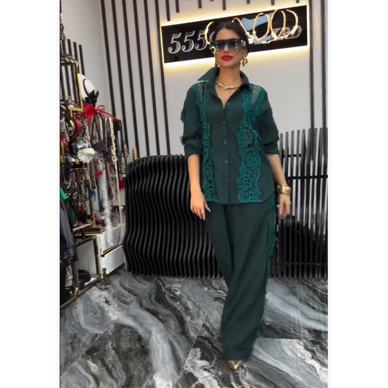 🌸Spring Specials🌸 Chic Lace Patchwork Shirt & Wide-Leg Pants (2-PCS Set)