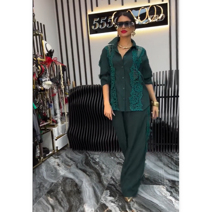 🌸Spring Specials🌸 Chic Lace Patchwork Shirt & Wide-Leg Pants (2-PCS Set)