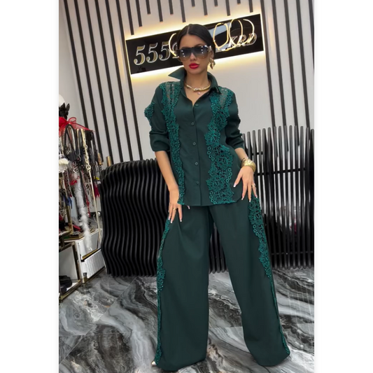 🌸Spring Specials🌸 Chic Lace Patchwork Shirt & Wide-Leg Pants (2-PCS Set)