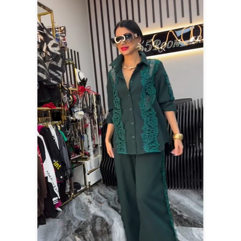 🌸Spring Specials🌸 Chic Lace Patchwork Shirt & Wide-Leg Pants (2-PCS Set)